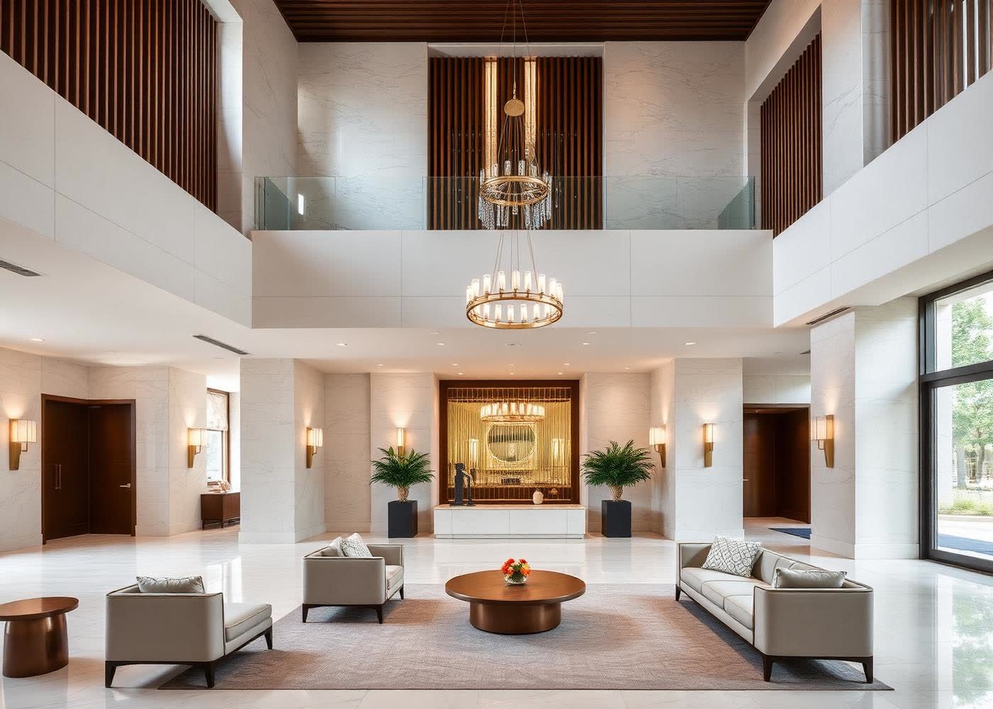 Double height clubhouse lobby with timber and stone finishes