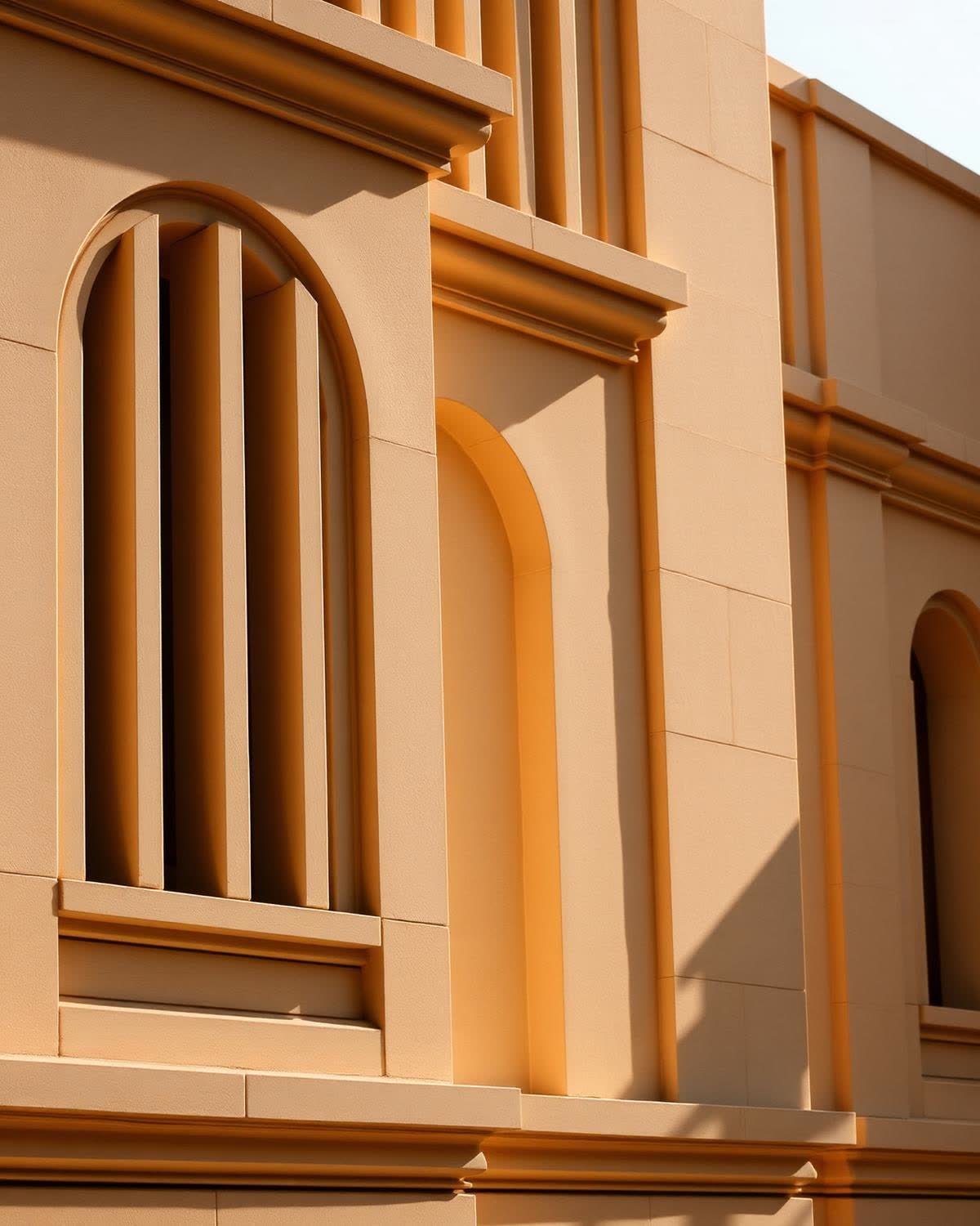 Detail of a fluted ivory stone facade in warm sunlight