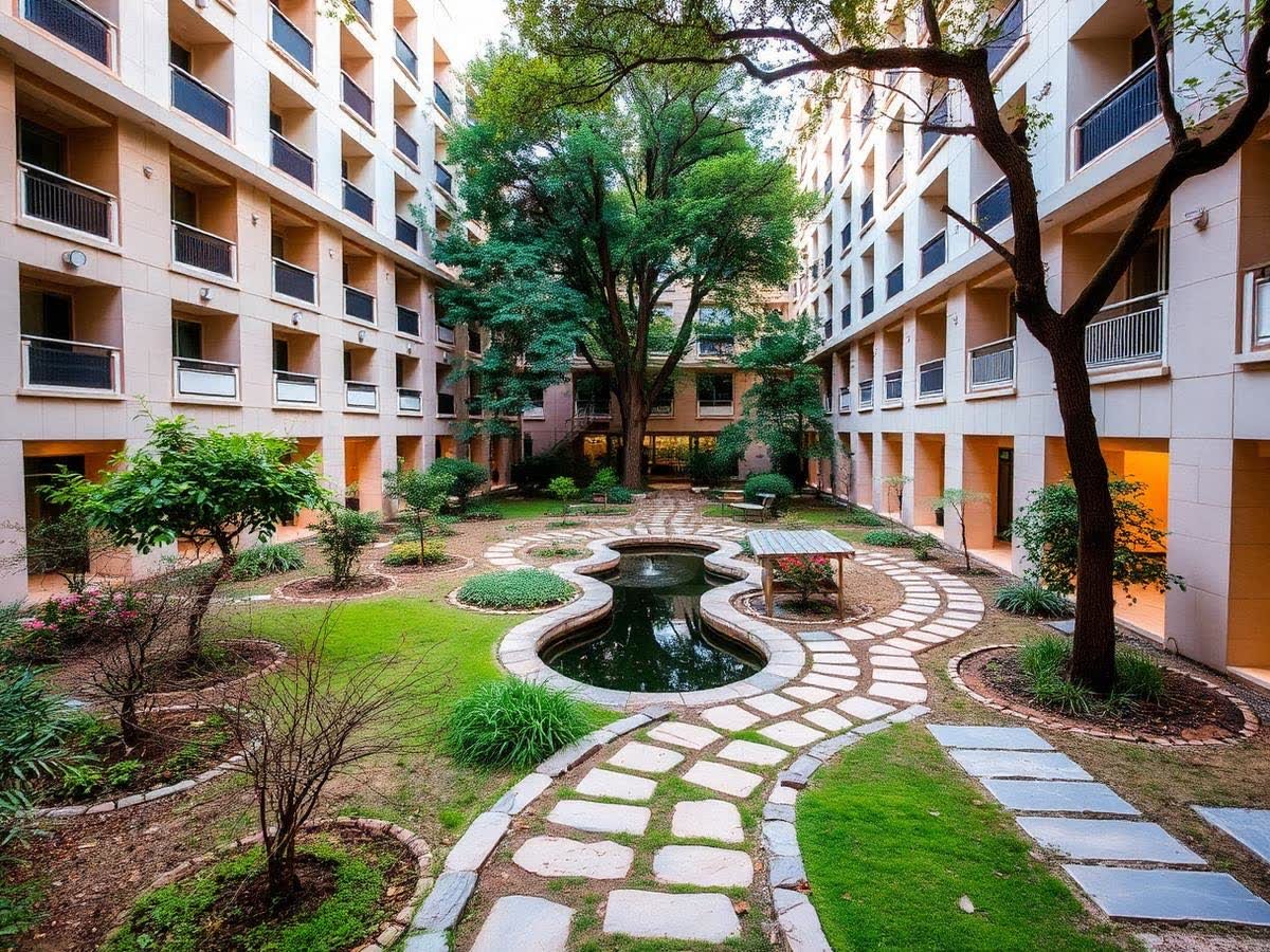 Landscaped courtyard garden between residential blocks